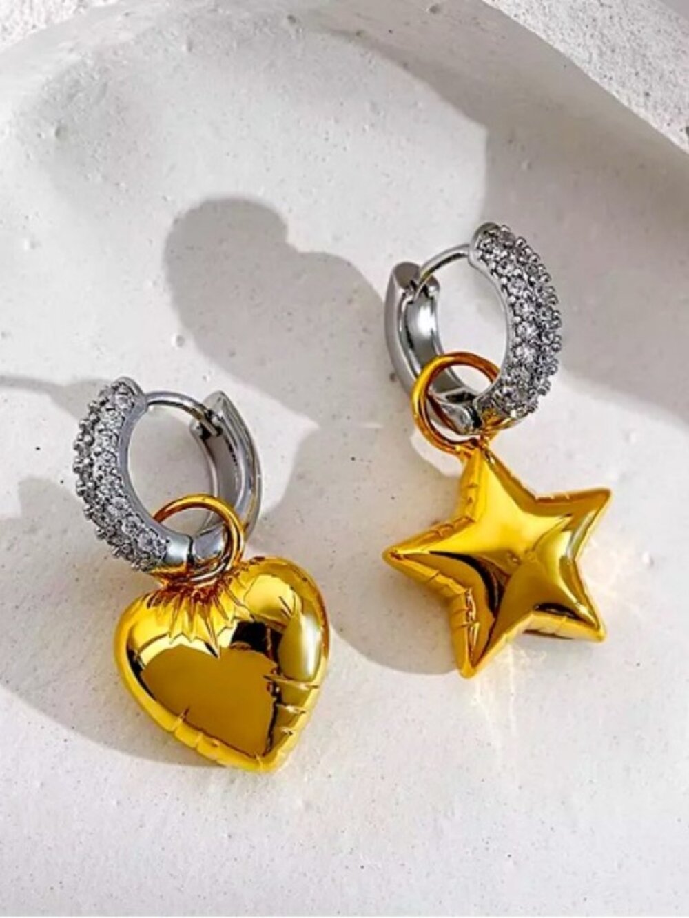 🌟 Asymmetric Heart Start Gold Silver Diamond Hoop